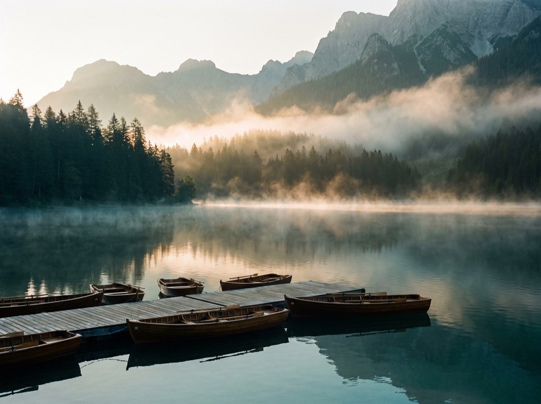 Jezero ob sončnem vzhodu z lesenimi čolni