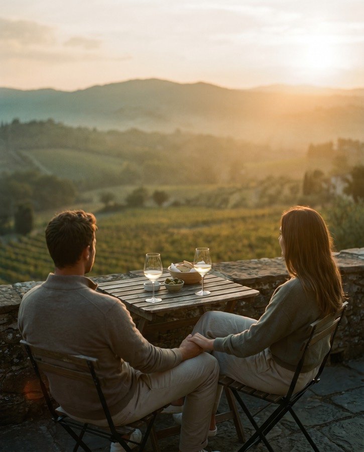 Par na terasi nad vinogradom ob sončnem zahodu