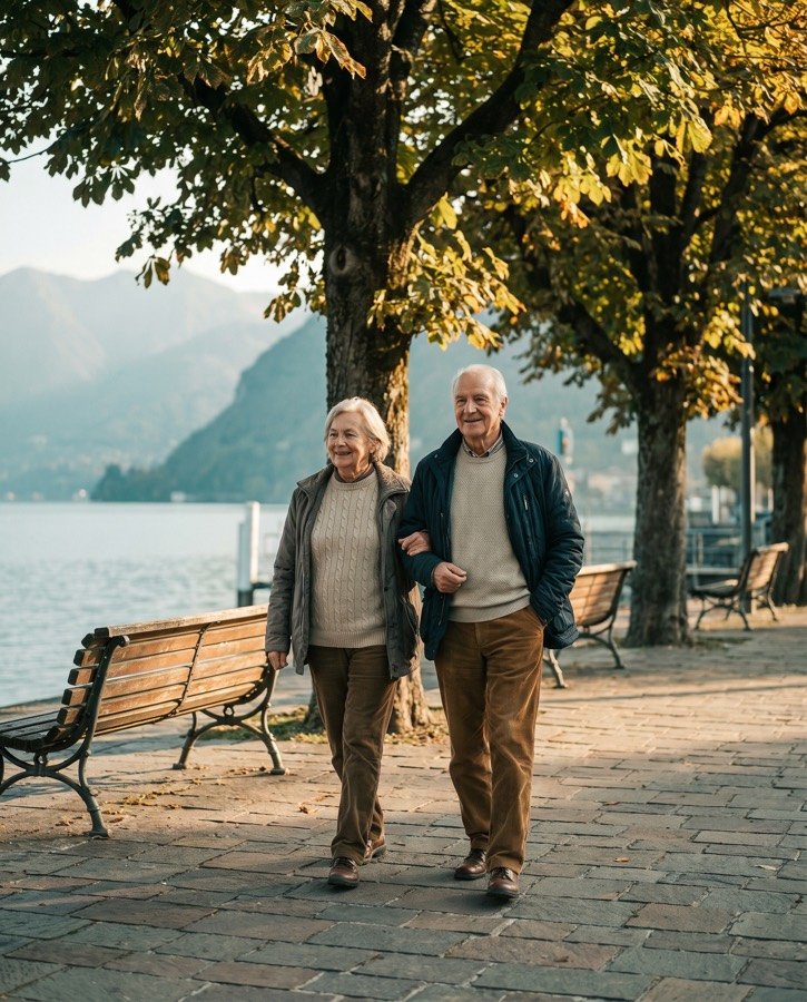 Starejši par na sprehodu ob jezerski promenadi